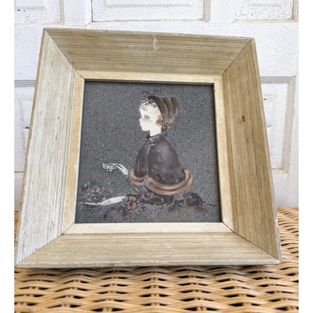 Vintage 40's Framed Acrylic Painting Creepy Victorian Girl Drinking Tea